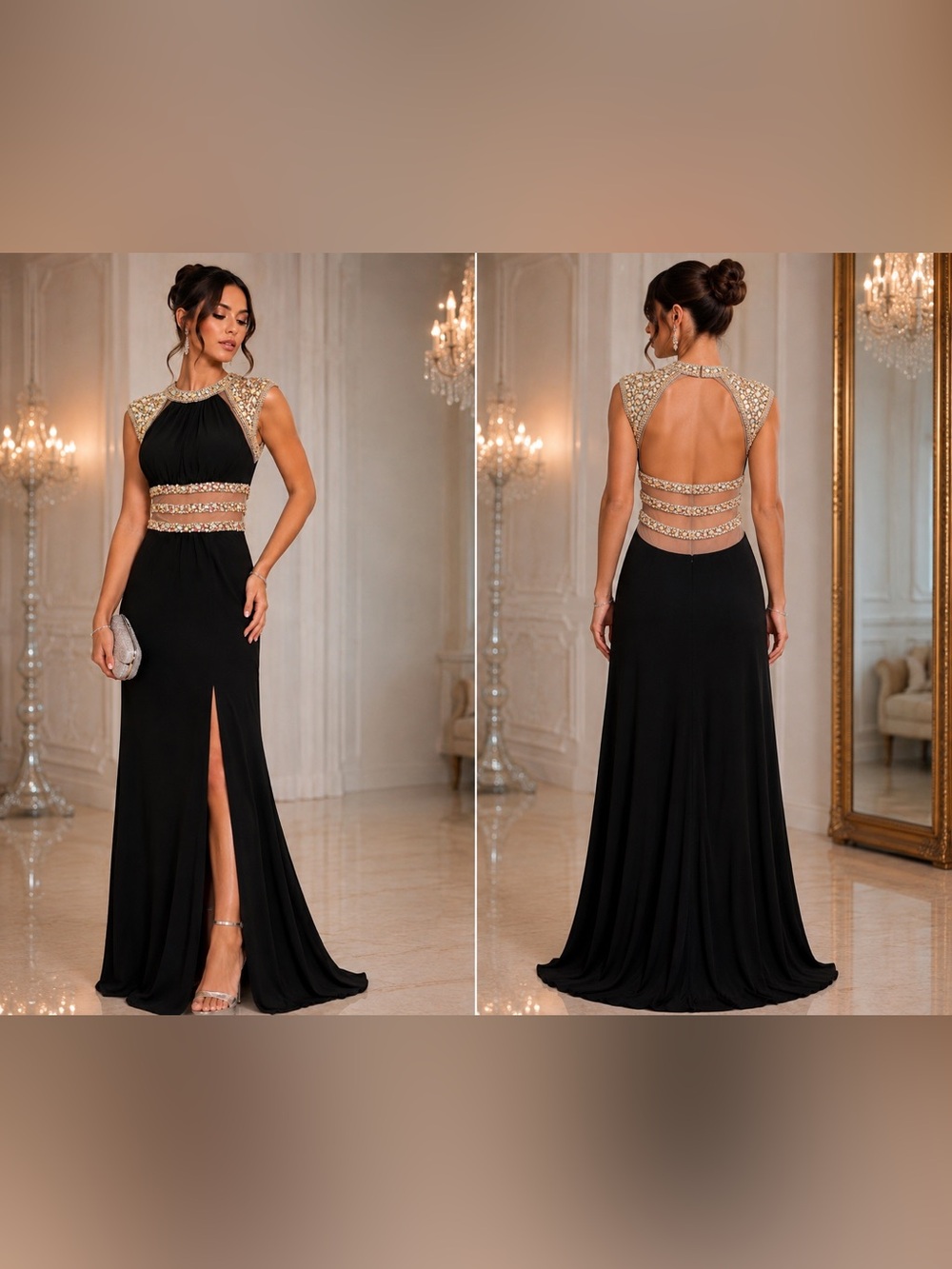 Black Beaded Backless Evening Gown with Gold Accents